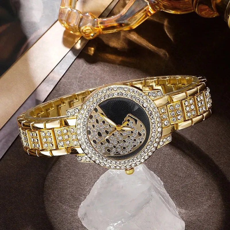 Women Gold Leopard Watch Luxury Fashion Bling Ladies Watches Casual Female Quartz Wristwatch Crystal Diamond For Women Set Clock