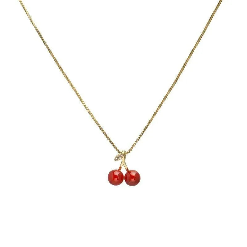 New Wine Red Cherry Gold Color Pendant Necklace For Women Personality Fashion Necklace Wedding Jewelry Birthday Gifts