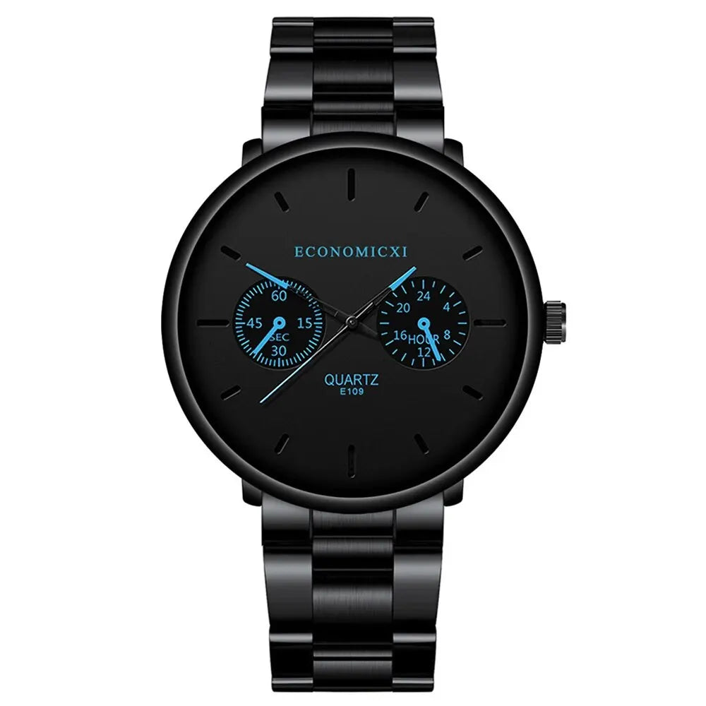 1Pc Men's Fashion Trend Casual Three Eyes Digital Blue Needle Steel Band Quartz Watch To Husband Friends Christmas Birthday Gift