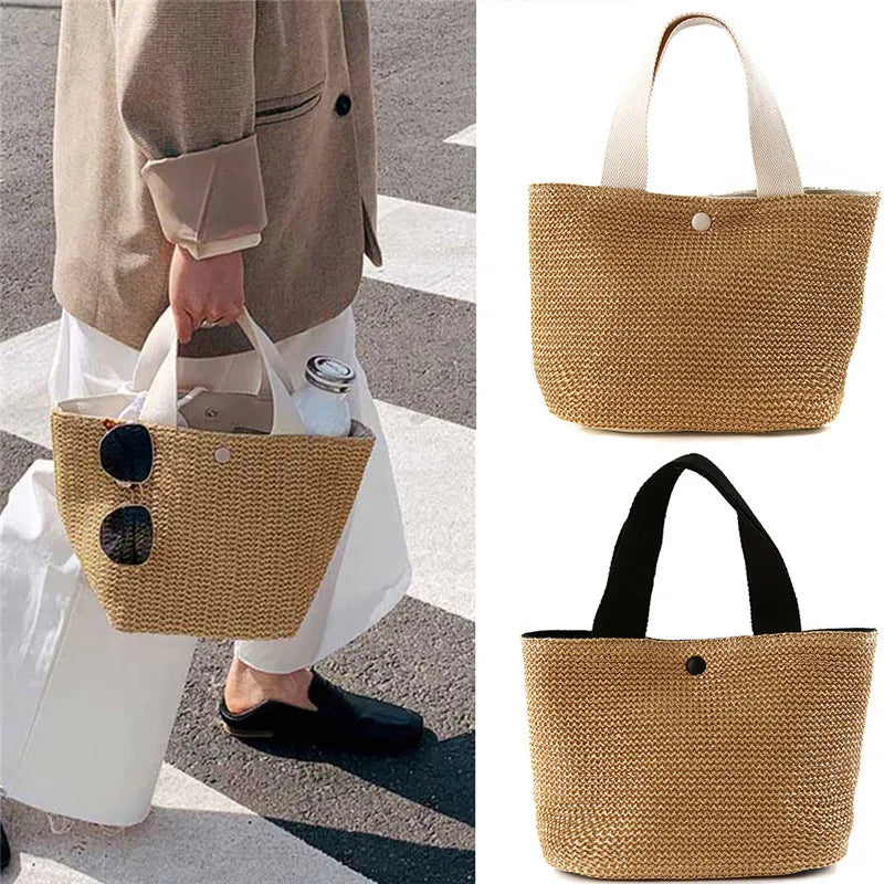 Women's Straw Woven Bag Fashionable Simple Solid Color Bucket Shape Autumn Winter Large Capacity Convenient Female's Handbag