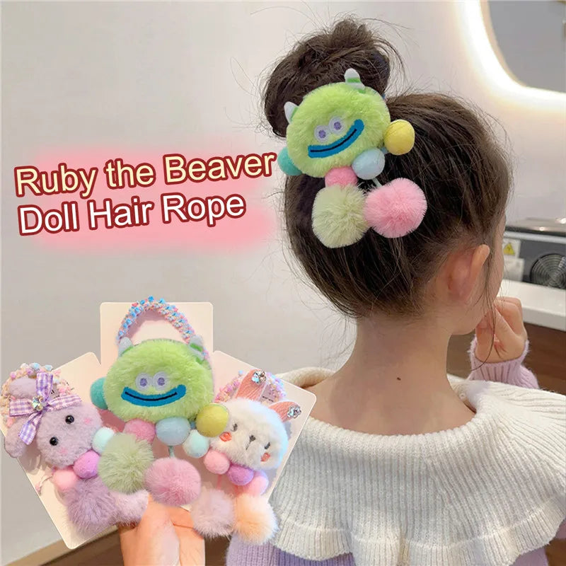 Cute Cartoon Plush Rabbit Panda Flower Doll Colored Ball Pendant Hair Rope Children Princess Girls Ponytail Headband Accessories