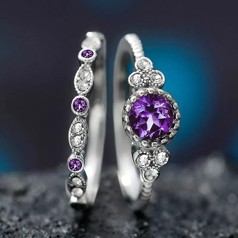 2 PCs Silver-Color Vintage Blue Zircon Ring For Women Fashion Classic Wedding Purple Pattern Ring Jewelry Set Gift