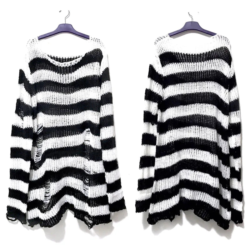 New Punk Gothic Long Unisex Sweater Summer Women Striped Cool Hollow Out Hole Broken Jumper Loose Rock Thin Dark Streetwear Top