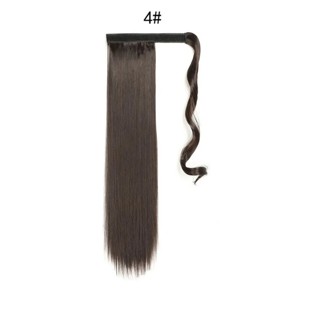 24 Inch Long Straight Ponytail Hair Clip In Synthetic Extensions Heat Resistant Hair Wrap Around Pony Hair Piece For Women