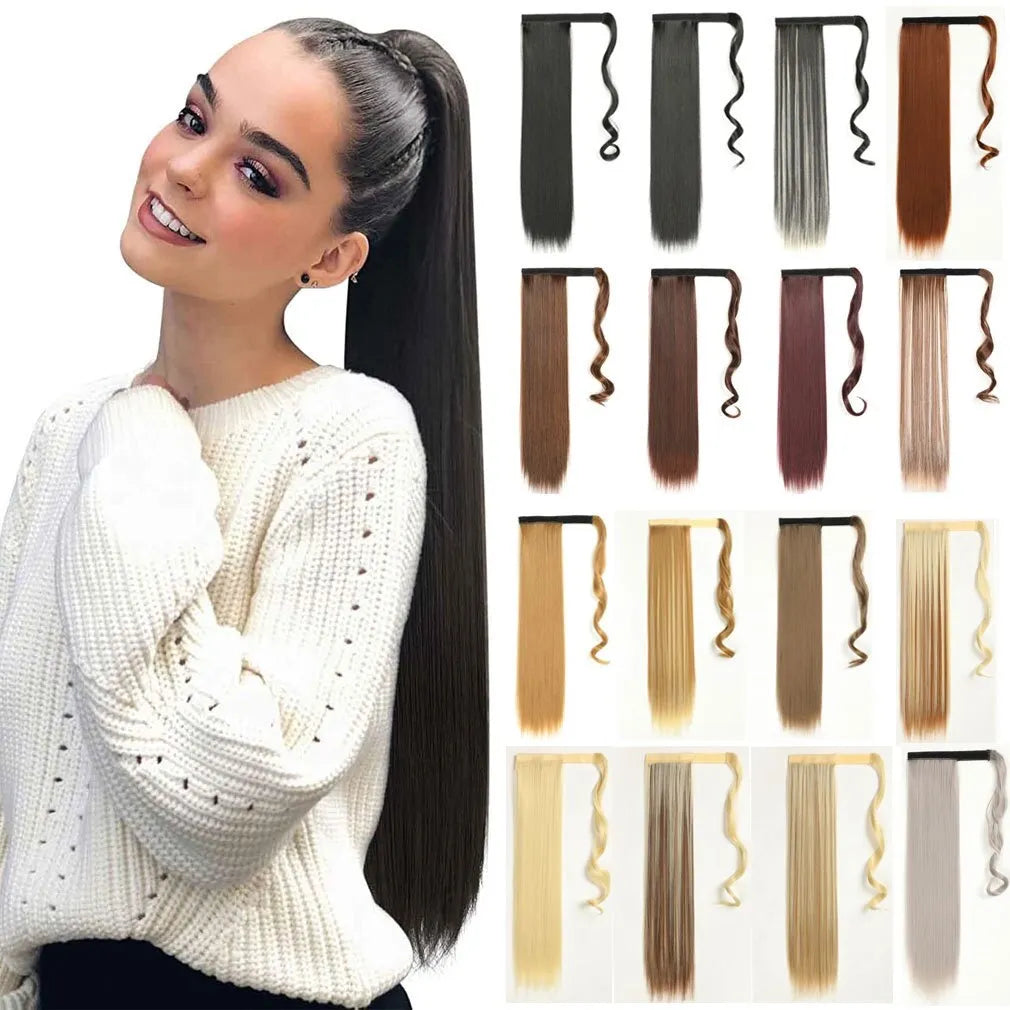 24 Inch Long Straight Ponytail Hair Clip In Synthetic Extensions Heat Resistant Hair Wrap Around Pony Hair Piece For Women