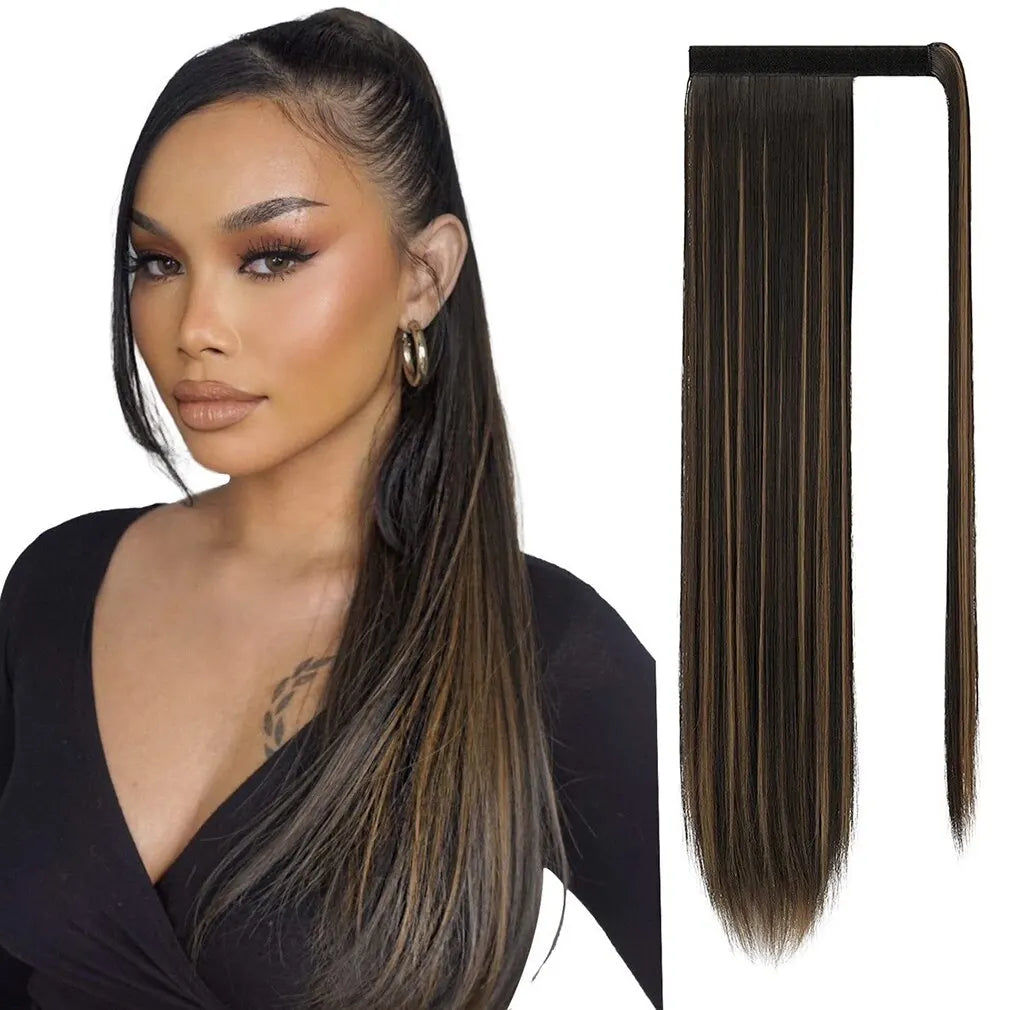 24 Inch Long Straight Ponytail Hair Clip In Synthetic Extensions Heat Resistant Hair Wrap Around Pony Hair Piece For Women