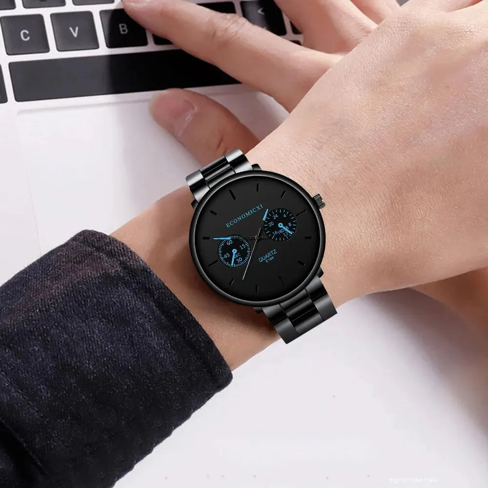 1Pc Men's Fashion Trend Casual Three Eyes Digital Blue Needle Steel Band Quartz Watch To Husband Friends Christmas Birthday Gift