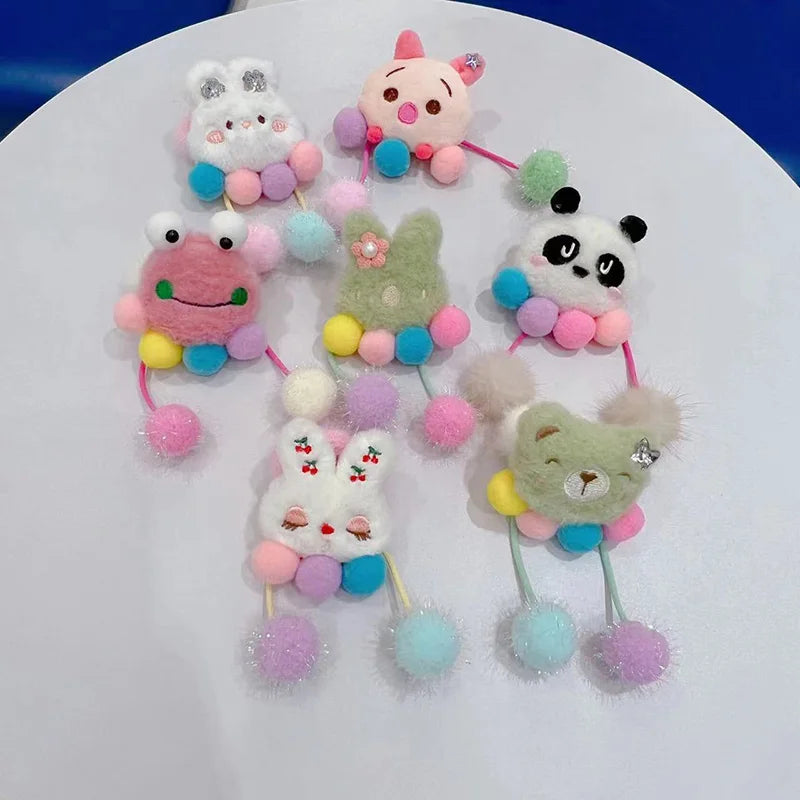 Cute Cartoon Plush Rabbit Panda Flower Doll Colored Ball Pendant Hair Rope Children Princess Girls Ponytail Headband Accessories