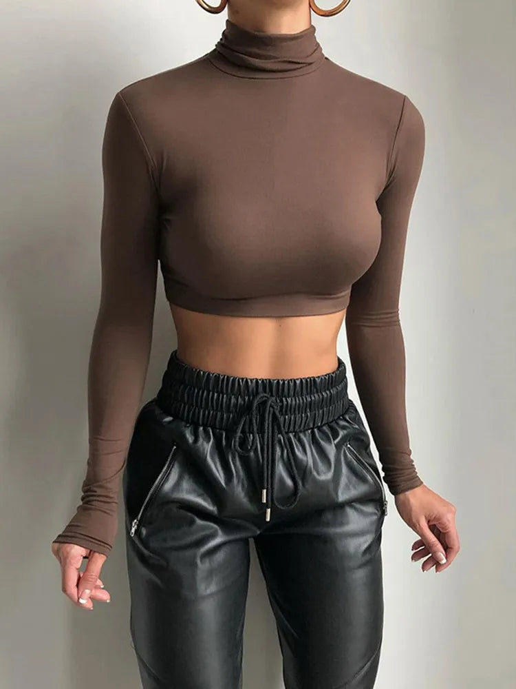 Basic Sheath Women Solid Turtleneck Tshirt Autumn Stretch Casual Undershirt Female All-match Street Activity Crop Tops