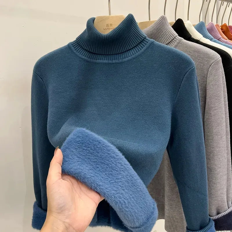 Thicken Velvet Turtleneck Sweater Women Korean Fashion Lined Warm Sueter Knitted Pullover Slim Top Winter Jersey Knitwear Jumper