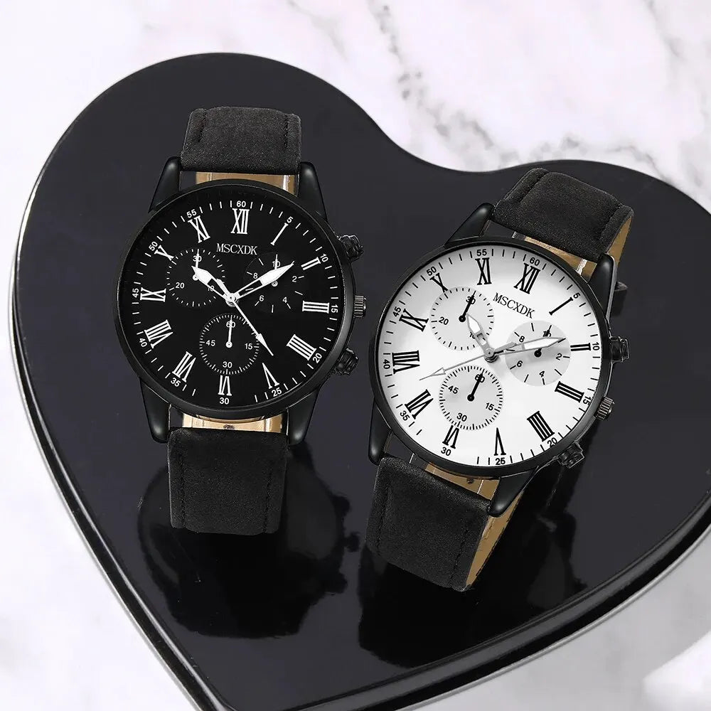 MSCXDK Brand 2PCS Set Couple Fashion Casual Leather Watches Ladies Simple Dial Quartz Wristwatches Dress Clock Montre Femme