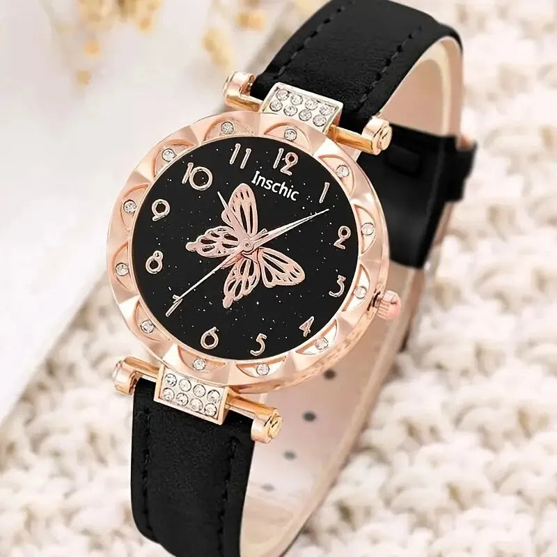 Women Luxury Watch Ring Necklace Earrings Rhinestone Butterfly Fashion Wristwatch Female Casual Ladies Watches Set Clock