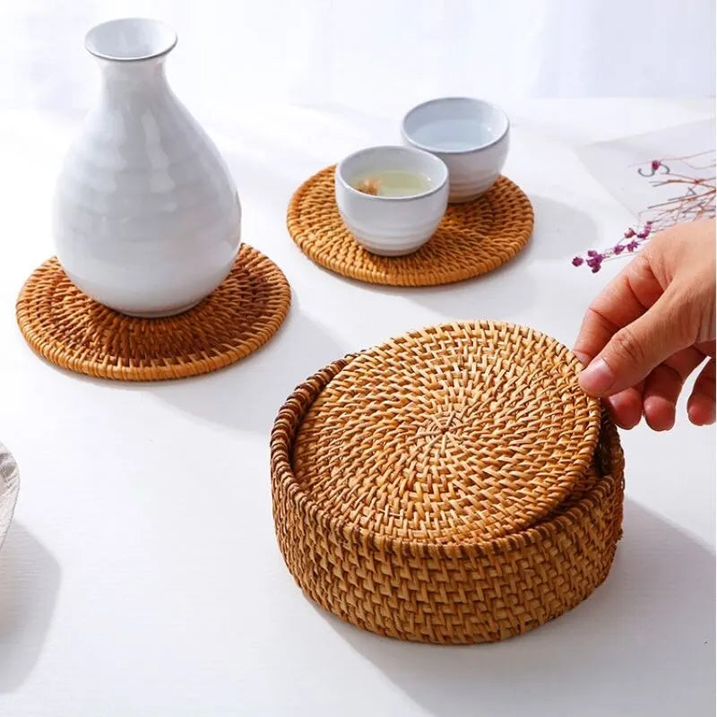 Placemat Pad Coasters Kitchen Table Mats Rattan Coaster Bowl Mats Padding Mat Insulation Pad Round Placemats Woven Hand-made