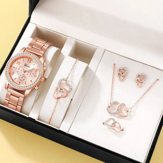 6PCS Set Rose Gold Luxury Watch Women Ring Necklace Earring Rhinestone Fashion Wristwatch Casual Ladies Bracelet Watches