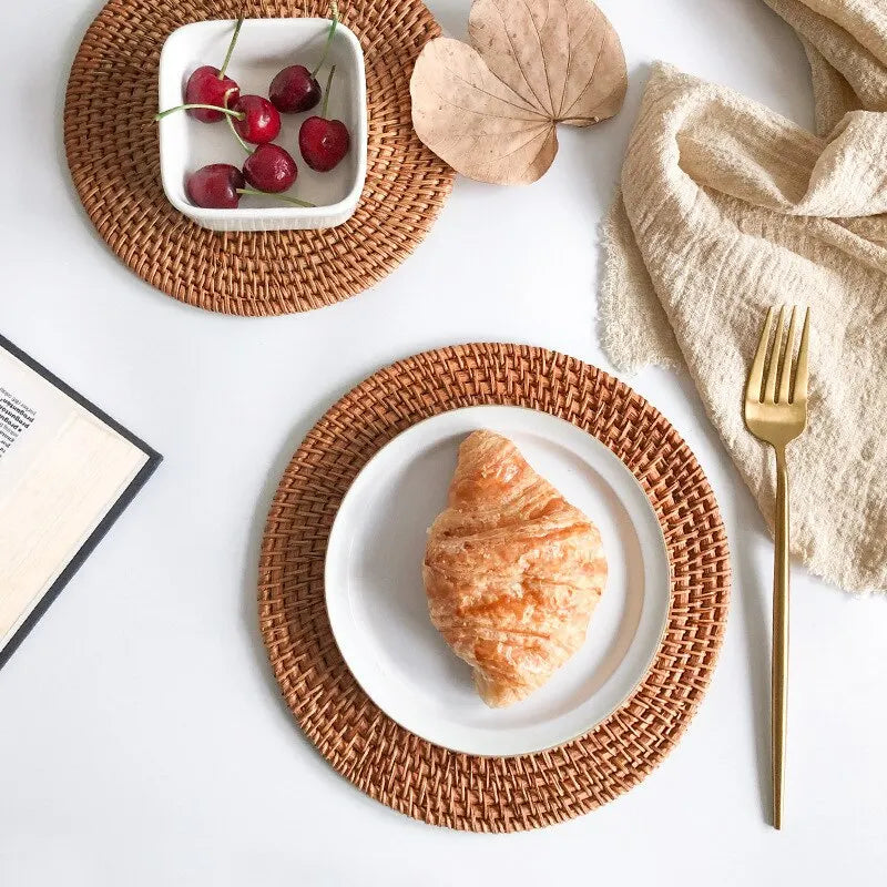 Placemat Pad Coasters Kitchen Table Mats Rattan Coaster Bowl Mats Padding Mat Insulation Pad Round Placemats Woven Hand-made