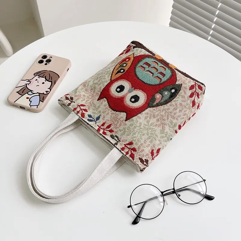 Canvas Handbag Women New Chinachic Style Cartoon Art Handbag Portable Lunch Bag