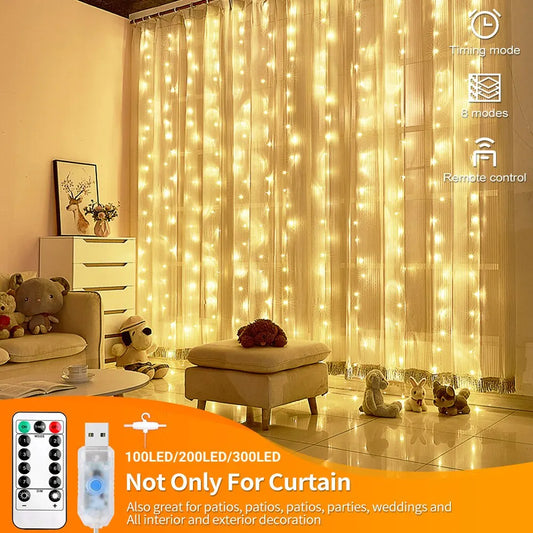 LED Curtain Lights Warm Fairy String Lights Festival Lighting Rainbow Window Lamp Home Bedroom Wedding Christmas Decoration