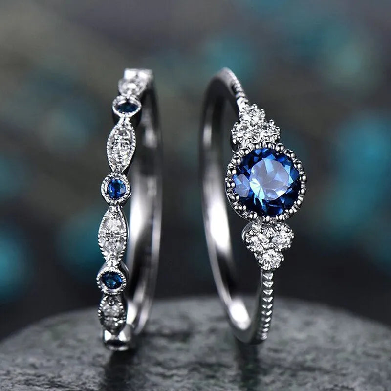 2 PCs Silver-Color Vintage Blue Zircon Ring For Women Fashion Classic Wedding Purple Pattern Ring Jewelry Set Gift