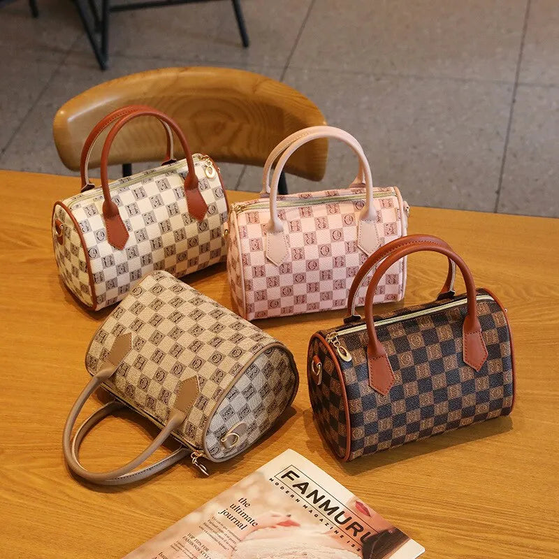 Fashion Boston Bag Women Plaid Handbags Totes PU Leather Shoulder Crossbody High Quality Girls Retro Purse