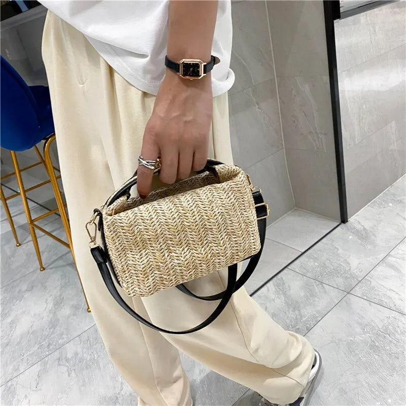 Womens Straw Woven Messenger Bag New Bohemian Small Knit Summer Wallet And Handbag Holiday Bucket Beach 1 Piece Khaki Black