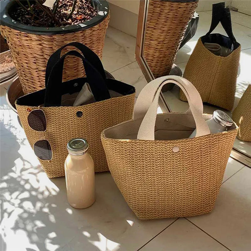 Women's Straw Woven Bag Fashionable Simple Solid Color Bucket Shape Autumn Winter Large Capacity Convenient Female's Handbag