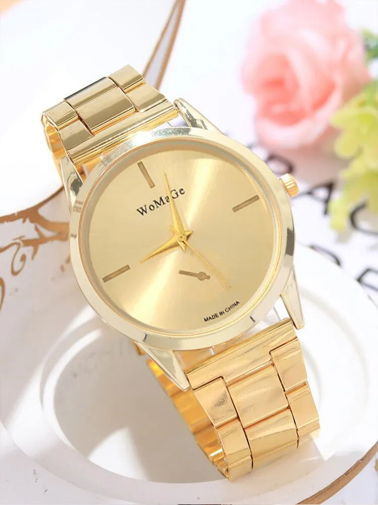 5pcs Women's Fashion Simple Gold Steel Band Quartz Watch+Bracelet+Necklace+Ear Stud Combination Set