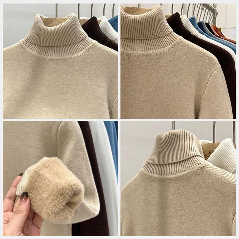 Thicken Velvet Turtleneck Sweater Women Korean Fashion Lined Warm Sueter Knitted Pullover Slim Top Winter Jersey Knitwear Jumper