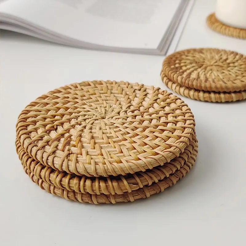 Placemat Pad Coasters Kitchen Table Mats Rattan Coaster Bowl Mats Padding Mat Insulation Pad Round Placemats Woven Hand-made