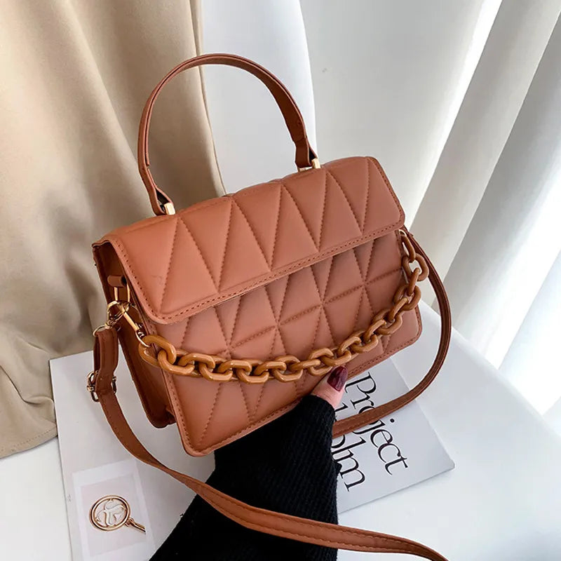 Solid Plaid Crossbody Bags For Women, Chain Decor Fashion Shoulder Bag Ladies Handbag For Daily Used