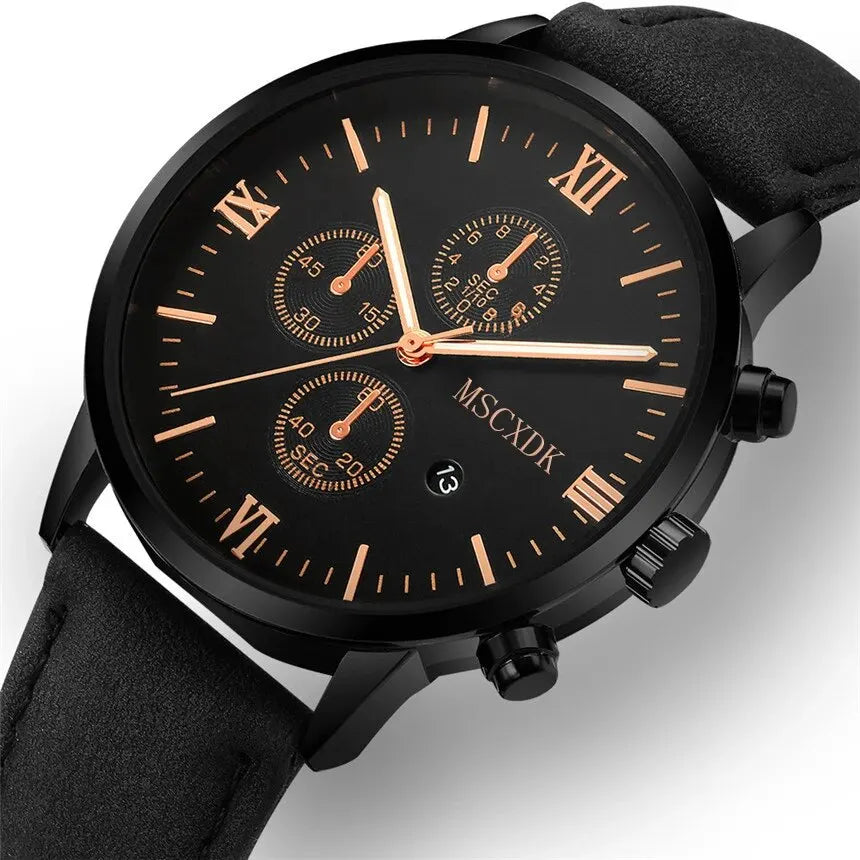 1pc Black Quartz Watch Men Roman Dial Watch Fashion Round Date Quartz Watch For Sports