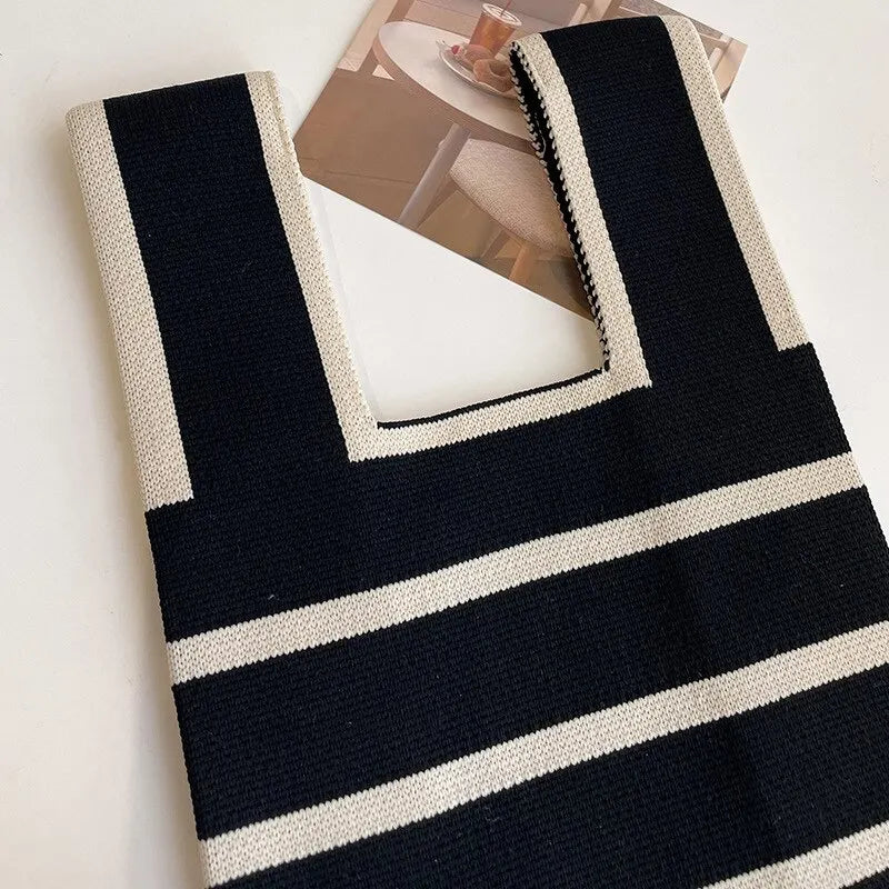 Handmade Knit Handbag Women Mini Knot Wrist Bag Fashion Casual Color Wide Stripe Plaid Tote Bag Student Reusable Shopping Bags