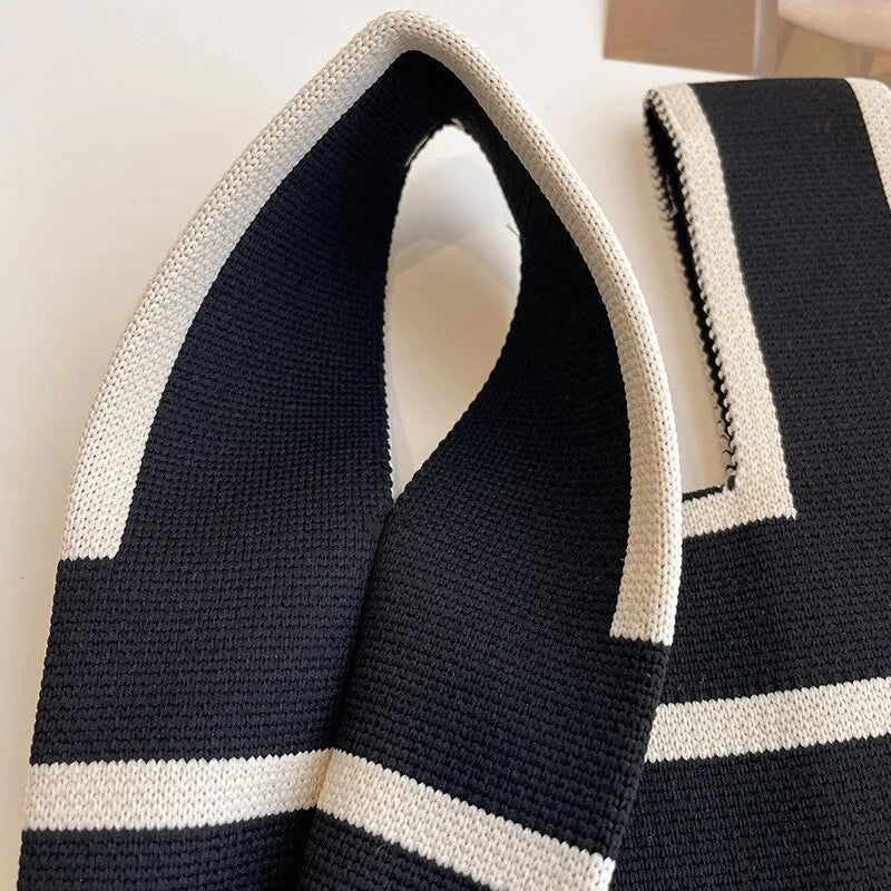 Handmade Knit Handbag Women Mini Knot Wrist Bag Fashion Casual Color Wide Stripe Plaid Tote Bag Student Reusable Shopping Bags