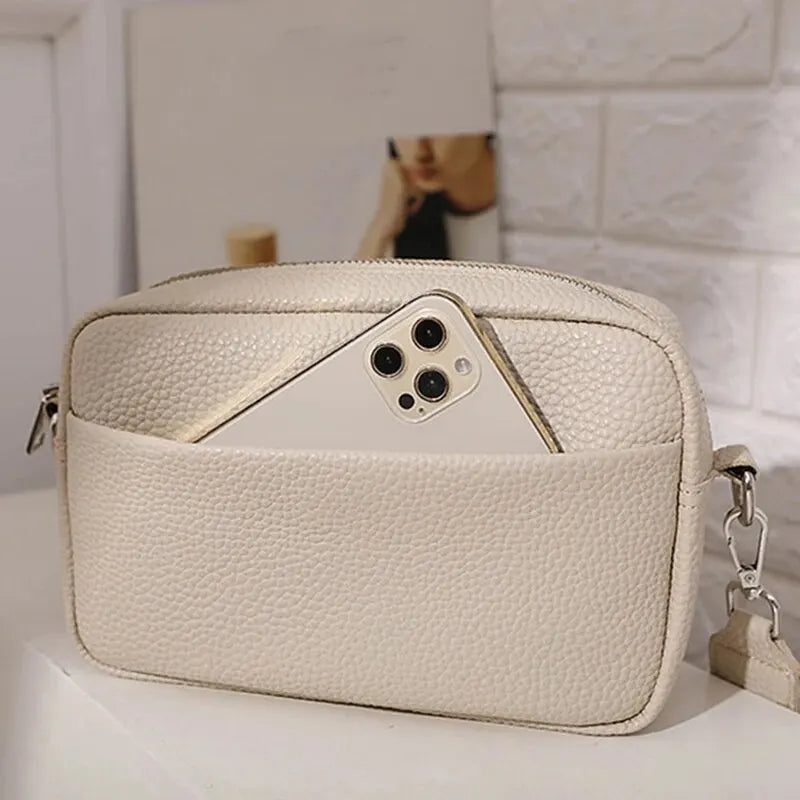 New Solid Color Multi-layer Women Sling Crossbody Bag Vinatge PU Leather Wide Strap Shoulder Bag