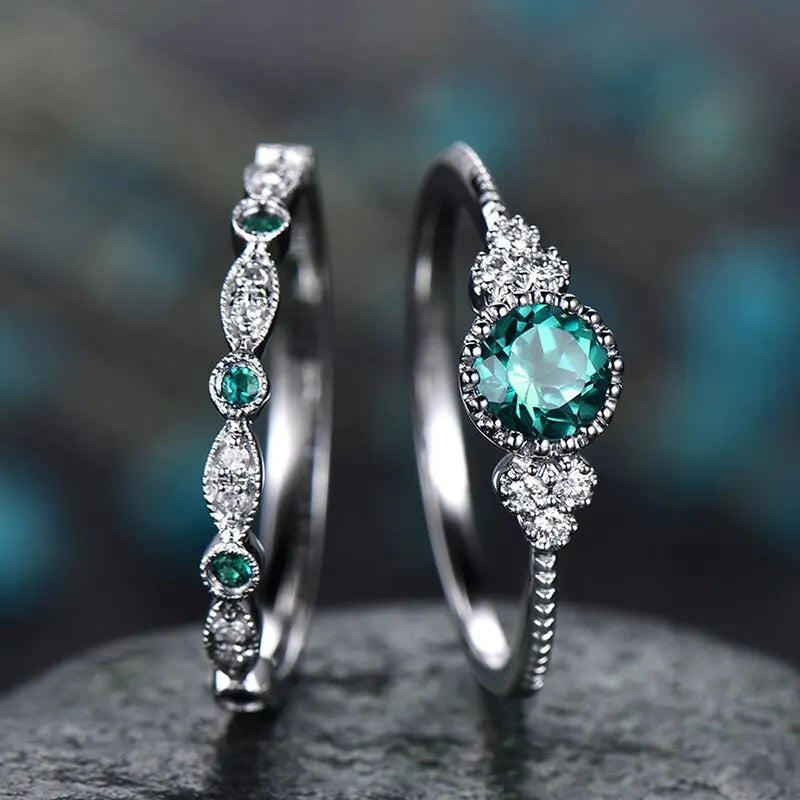 2 PCs Silver-Color Vintage Blue Zircon Ring For Women Fashion Classic Wedding Purple Pattern Ring Jewelry Set Gift