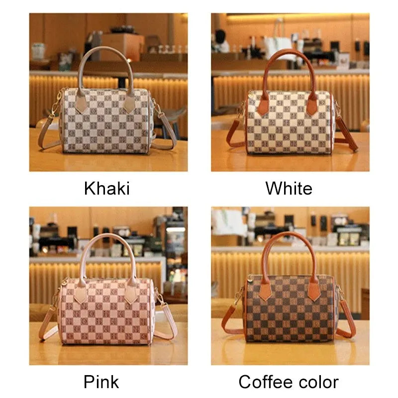 Fashion Boston Bag Women Plaid Handbags Totes PU Leather Shoulder Crossbody High Quality Girls Retro Purse