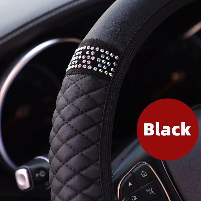 Car Steering Wheel Cover Without Inner Ring 37-38cm Three-dimensional Leather Embroidered Color Diamond-encrusted Breathable