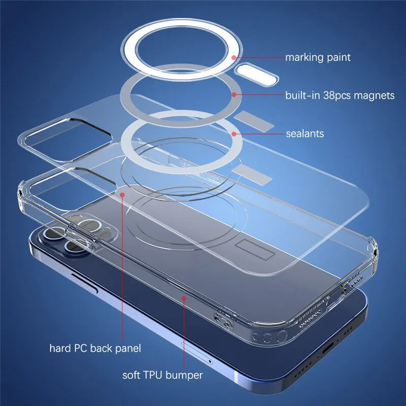 JASTER Ultra Clear Magnetic Circle Magsafing Case For iPhone 14 13 12 11 Pro Max XS XR 7 8 Plus iPhone Magnetic Macsafe Cases