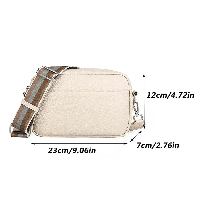 New Solid Color Multi-layer Women Sling Crossbody Bag Vinatge PU Leather Wide Strap Shoulder Bag