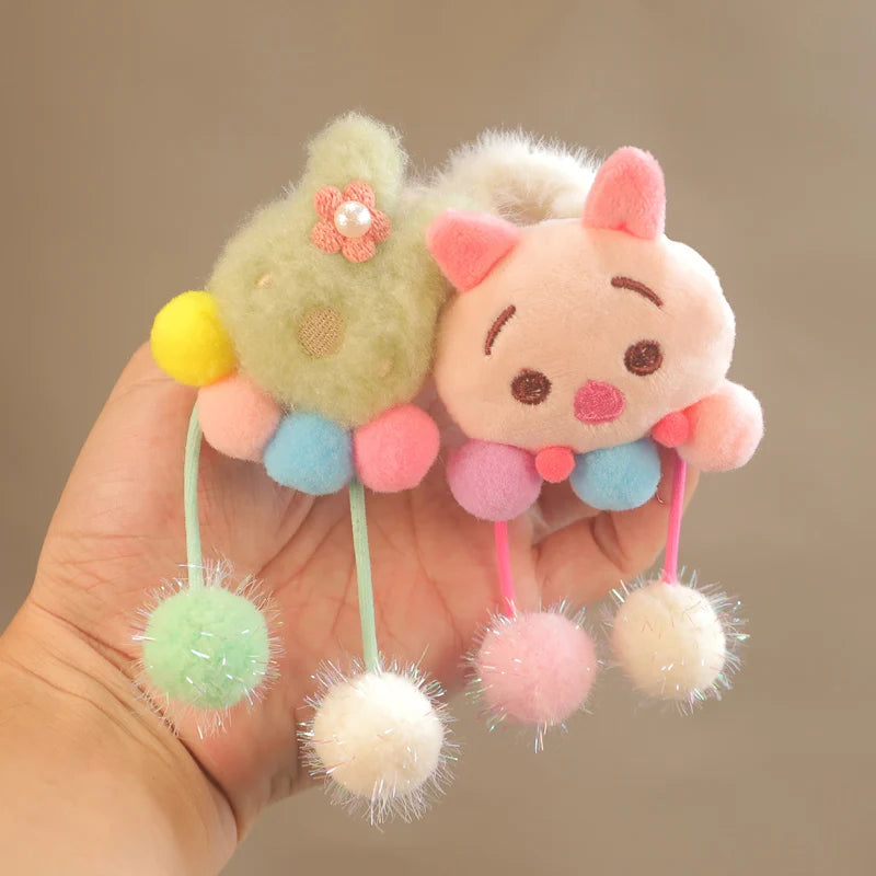 Cute Cartoon Plush Rabbit Panda Flower Doll Colored Ball Pendant Hair Rope Children Princess Girls Ponytail Headband Accessories