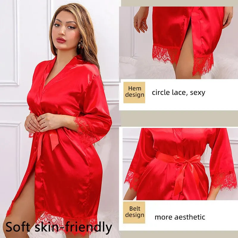 Women Ice Silk Pajamas Robes Sleepwear Nightgowns Nightdress Red Black L XL Lace Smooth Soft Comfortable Casual Pure Color