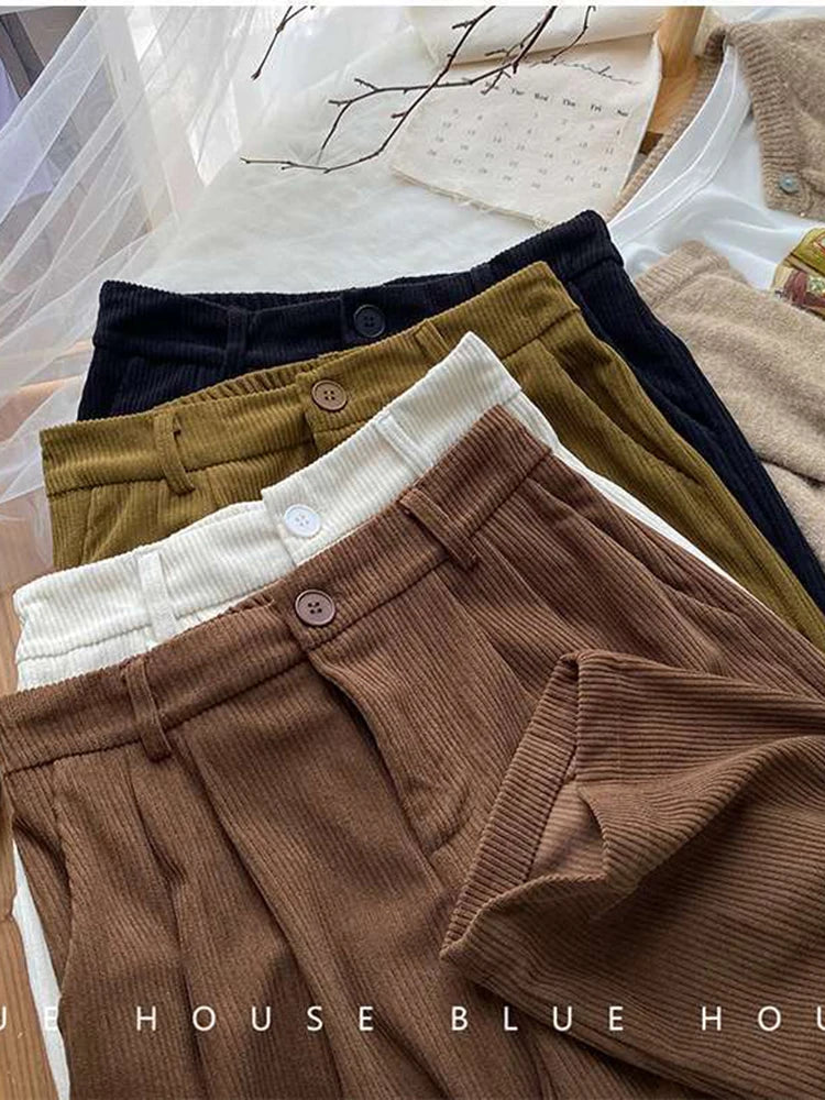 ZOKI High Waist Women Retro Corduroy Pants Fall Straight Causal Full Length Trousers Vintage Coffee Pockets All Match Pants New