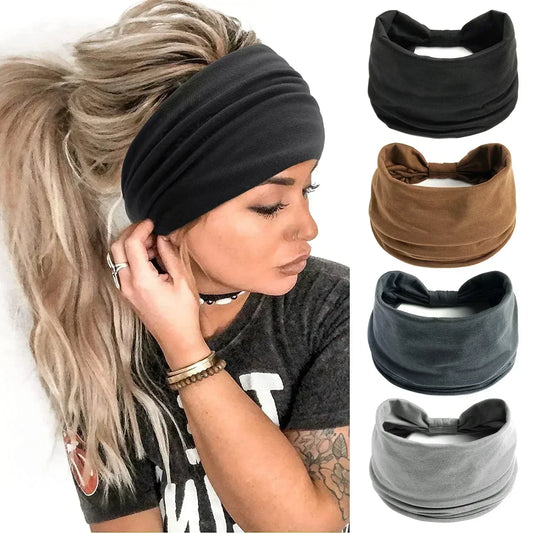 New Boho Solid Color Wide Headbands Vintage Knot Elastic Turban Headwrap for Women Girls Cotton Soft Bandana Accessories Hair