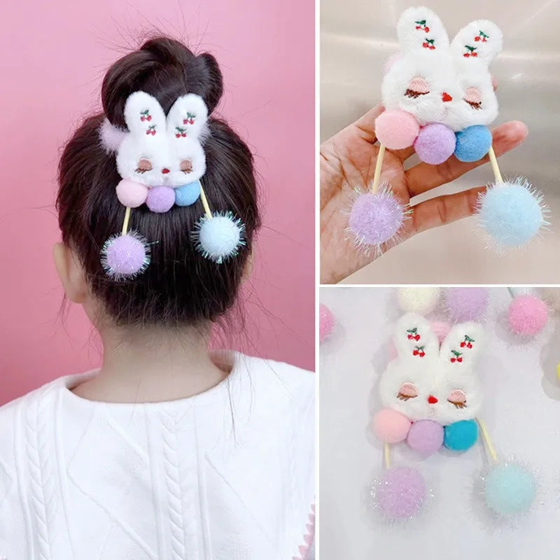 Cute Cartoon Plush Rabbit Panda Flower Doll Colored Ball Pendant Hair Rope Children Princess Girls Ponytail Headband Accessories