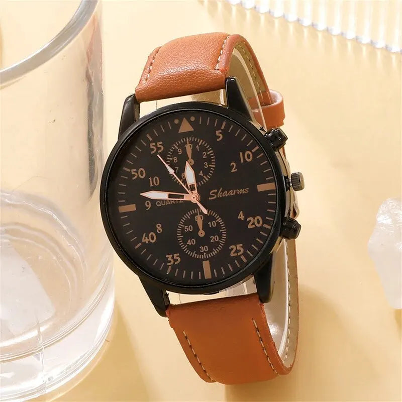 New Men Watch Luxury Bracelet Set Fashion Business Brown Leather Quartz Wrist Watches for Men Gift Set Relogio Masculino