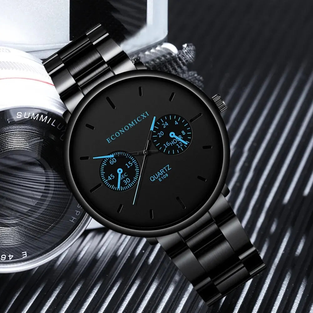 1Pc Men's Fashion Trend Casual Three Eyes Digital Blue Needle Steel Band Quartz Watch To Husband Friends Christmas Birthday Gift