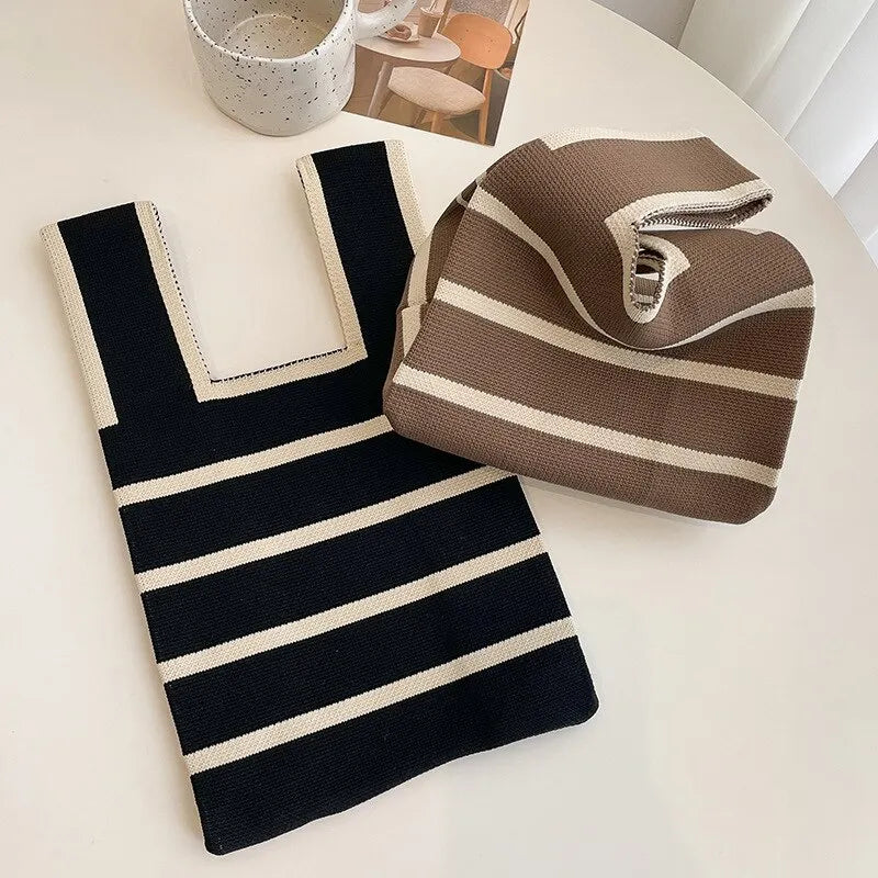 Handmade Knit Handbag Women Mini Knot Wrist Bag Fashion Casual Color Wide Stripe Plaid Tote Bag Student Reusable Shopping Bags