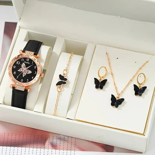 Women Luxury Watch Ring Necklace Earrings Rhinestone Butterfly Fashion Wristwatch Female Casual Ladies Watches Set Clock