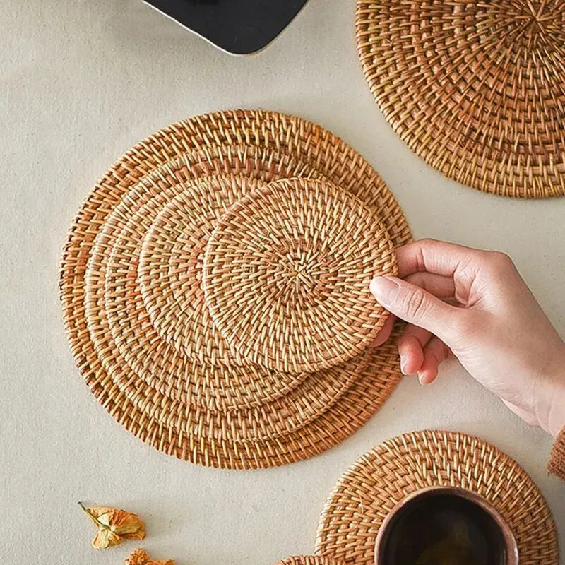 Placemat Pad Coasters Kitchen Table Mats Rattan Coaster Bowl Mats Padding Mat Insulation Pad Round Placemats Woven Hand-made