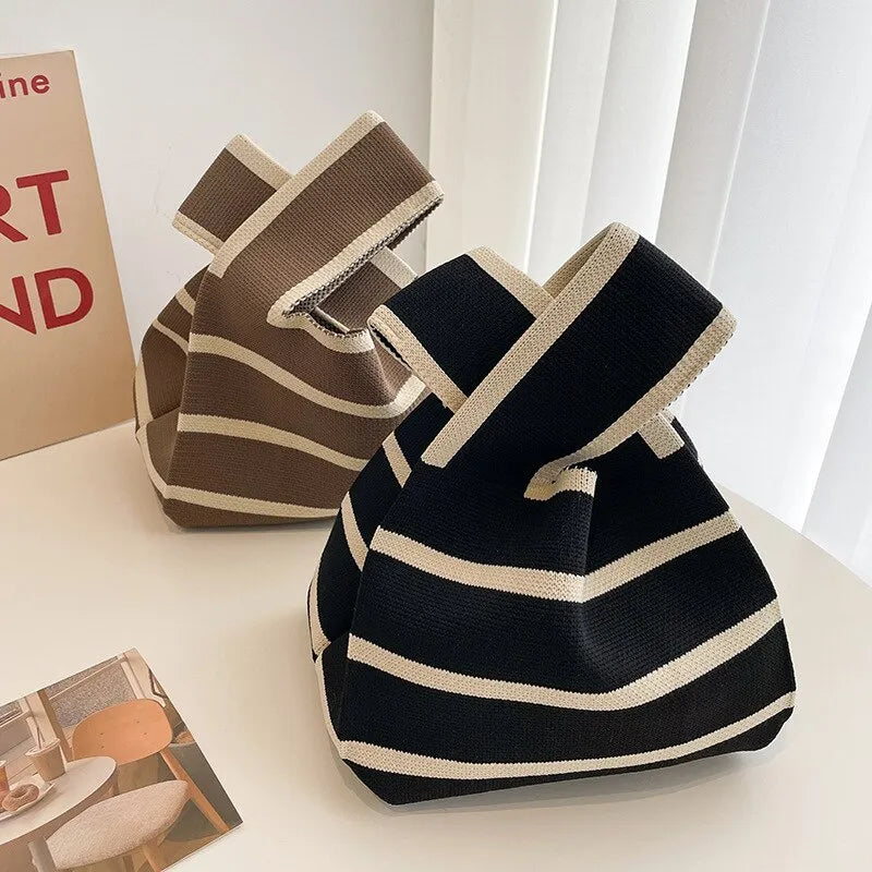 Handmade Knit Handbag Women Mini Knot Wrist Bag Fashion Casual Color Wide Stripe Plaid Tote Bag Student Reusable Shopping Bags