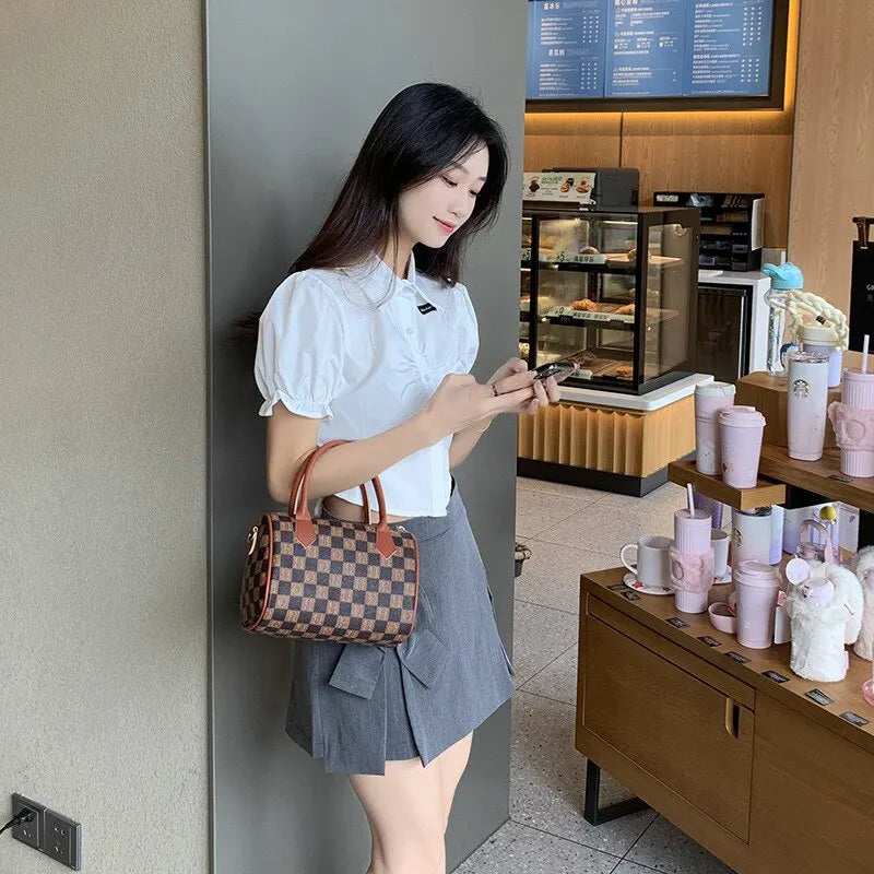 Fashion Boston Bag Women Plaid Handbags Totes PU Leather Shoulder Crossbody High Quality Girls Retro Purse